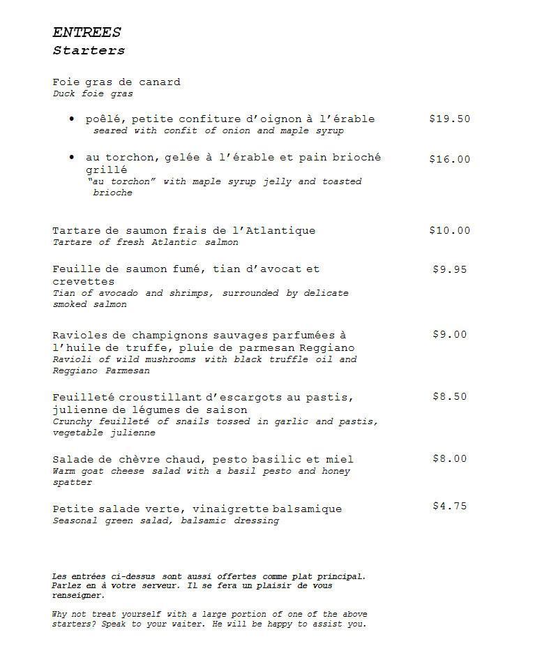 Restaurant Carte Blanche - Menu (page 1)